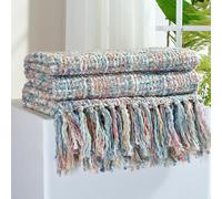 GINAMUSE Multi-Color Pink Blue Cable Knitted Throw Blanket for Couch,50"X60" Boho Style Textured Blankets for Home Decor,Super Soft Warm Cozy Chunky Knit Blanket with Decorative Tassels for Bed