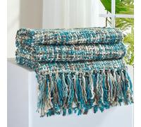 GINAMUSE Multi-Color Teal Cable Knitted Throw Blanket for Couch,60"X80" Boho Style Textured Blankets for Home Decor,Super Soft Warm Cozy Chunky Knit Blanket with Decorative Tassels for Bed and Sofa
