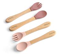Ginbear Silicone Baby Spoons and Forks, Self-Feeding, Soft Tip, 12-18 Months, Toddler Feeding Utensils, 4 Piece Set (Mauve/Pink)