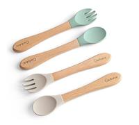Ginbear Silicone Baby Spoons and Forks, Self-Feeding, Soft Tip, 12-18 Months, Toddler Feeding Utensils, 4 Piece Set (Hazy Green/Almond)
