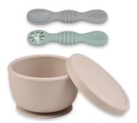 Ginbear Suction Baby Bowl with Lid 8.8 oz and Spoons for Infants 4 M+, First Stage Feeding Set, Non-Toxic Food Grade Silicone Led Weaning Supplies (Ivory + Green + Gray)