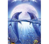 Ginfonr 5D DIY Diamond Painting Moon Dolphin by Number Kits Full Drill for Adults, Paint with Diamonds Art Sea Animal Cross Stitch Embroidery Rhinestone Craft for Home Wall Decor 12x16 Inch