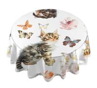 Ginfult Adorable Cat Butterfly Round Table Cloth 152 cm Polyester Waterproof Table Cover with Lace Edge Tablecloth for Dining Table Kitchen Party