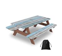 Ginfult Beach Wooden Texture Picnic Table Cover with Bench Covers Waterproof Elastic Fitted Outdoor Tablecloth for 5ft Tables