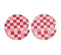 Ginfult Beige Pink Checkerboard Pattern Car Cup Holder Coasters 2 Pack, Absorbent Ceramic Car Coasters for Drinks with Non Slip Cork Base