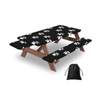 Ginfult Black White Cat Dog Paw Print Picnic Table Cover with Bench Covers Waterproof Elastic Fitted Outdoor Tablecloth for 5ft Tables
