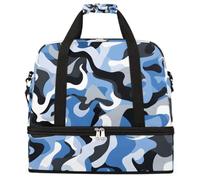 Ginfult Blue Black White Camo Sports Travel Duffel Bag Foldable Gym Bag with Shoe Compartment Carry On Weekender Overnight Bags for Women Men