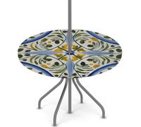 Ginfult Blue Yellow Spanish Ceramic Tiles Round Outdoor Tablecloth with Umbrella Hole and Zip, Elastic Table Cloth 36-44 in Waterproof Picnic Patio Table Cover