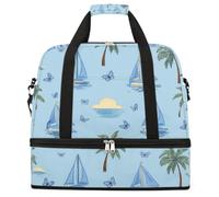 Ginfult Cartoon Sailboats Palm Tree Butterfly Sports Travel Duffel Bag Foldable Gym Bag with Shoe Compartment Carry On Weekender Overnight Bags for Women Men
