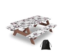 Ginfult Cherry Blossom Floral Flower Picnic Table Cover with Bench Covers Waterproof Elastic Fitted Outdoor Tablecloth for 5ft Tables