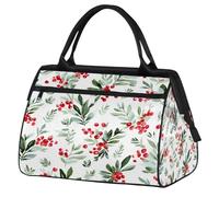 Ginfult Christmas Red Green Holly Leaves Sport Duffel Bags Waterproof Travel Duffle Bag Lightweight Gym Weekender Overnight Tote for Women Men