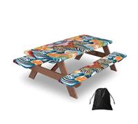 Ginfult Colorful Rainbow Zebra Picnic Table Cover with Bench Covers Waterproof Elastic Fitted Outdoor Tablecloth for 5ft Tables