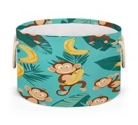 Ginfult Cute Monkey Banana Leaves Round Storage Basket Large Collapsible Laundry Hamper with Handles Nursery Toy Storage Bins