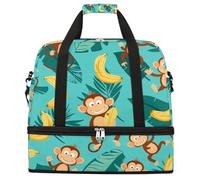 Ginfult Cute Monkey Banana Leaves Sports Travel Duffel Bag Foldable Gym Bag with Shoe Compartment Carry On Weekender Overnight Bags for Women Men