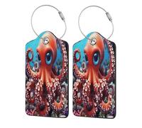 Ginfult Cute Ocean Red Octopus 2 Pack Leather Luggage Tags for Suitcases, Travel Name Tags with Stainless Steel Loop, Privacy ID Tag