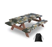 Ginfult Daisy Flower Wooden Texture Picnic Table Cover with Bench Covers Waterproof Elastic Fitted Outdoor Tablecloth for 5ft Tables