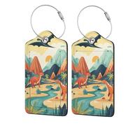 Ginfult Forest Jungle Tropical Animal Dinosaur 2 Pack Leather Luggage Tags for Suitcases, Travel Name Tags with Stainless Steel Loop, Privacy ID Tag