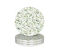 Ginfult Green Olive Leaves Absorbent Ceramic Drink Coaster Set of 4 Non Slip Cork Backing Round Bar Coasters