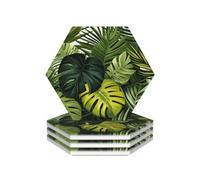 Ginfult Green Tropical Palm Leaves Absorbent Ceramic Drink Coaster Set of 4 Non Slip Cork Backing Hexagonal Bar Coasters