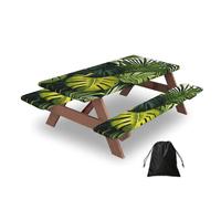 Ginfult Green Tropical Palm Leaves Picnic Table Cover with Bench Covers Waterproof Elastic Fitted Outdoor Tablecloth for 5ft Tables
