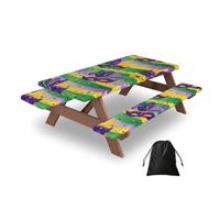 Ginfult Green Yellow Purple Mardi Gras Masks Picnic Table Cover with Bench Covers Waterproof Elastic Fitted Outdoor Tablecloth for 5ft Tables