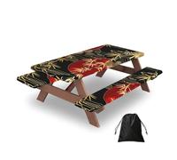 Ginfult Japanese Style Bamboo Themed Picnic Table Cover with Bench Covers Waterproof Elastic Fitted Outdoor Tablecloth for 5ft Tables