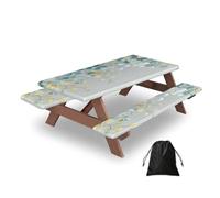Ginfult Pastel Blue Yellow Eucalyptus Leaves Picnic Table Cover with Bench Covers Waterproof Elastic Fitted Outdoor Tablecloth for 5ft Tables