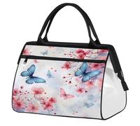 Ginfult Pink Cherry Blossom Blue Butterfly Sport Duffel Bags Waterproof Travel Duffle Bag Lightweight Gym Weekender Overnight Tote for Women Men