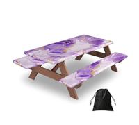 Ginfult Purple Golden Marble Picnic Table Cover with Bench Covers Waterproof Elastic Fitted Outdoor Tablecloth for 5ft Tables