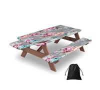 Ginfult Retro Rose Floral Flowers Picnic Table Cover with Bench Covers Waterproof Elastic Fitted Outdoor Tablecloth for 5ft Tables