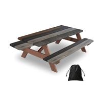 Ginfult Retro Rustic Beach Wooden Texture Picnic Table Cover with Bench Covers Waterproof Elastic Fitted Outdoor Tablecloth for 5ft Tables