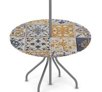Ginfult Retro Spanish Tiles Themed Round Outdoor Tablecloth with Umbrella Hole and Zip, Elastic Table Cloth 45-56 in Waterproof Picnic Patio Table Cover