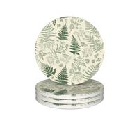 Ginfult Sage Green Ferns Leaves Absorbent Ceramic Drink Coaster Set of 4 Non Slip Cork Backing Round Bar Coasters
