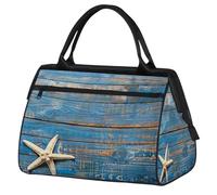 Ginfult Sea Starfish Blue Wooden Texture Sport Duffel Bags Waterproof Travel Duffle Bag Lightweight Gym Weekender Overnight Tote for Women Men