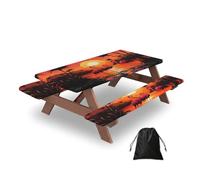 Ginfult Tropical Coconut Tree Pink Bird Picnic Table Cover with Bench Covers Waterproof Elastic Fitted Outdoor Tablecloth for 5ft Tables