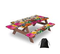 Ginfult Vibrant Colored Flower Floral Butterfly Picnic Table Cover with Bench Covers Waterproof Elastic Fitted Outdoor Tablecloth for 5ft Tables