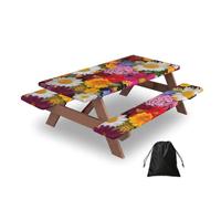 Ginfult Vibrant Colorful Daisy Florals Picnic Table Cover with Bench Covers Waterproof Elastic Fitted Outdoor Tablecloth for 5ft Tables