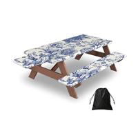 Ginfult Vintage Blue Flowers Picnic Table Cover with Bench Covers Waterproof Elastic Fitted Outdoor Tablecloth for 5ft Tables