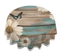 Ginfult Vintage Rustic Daisy Butterfly Wooden Texture Round Table Cloth 152 cm Polyester Waterproof Table Cover with Lace Edge Tablecloth for Dining Table Kitchen Party