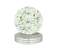 Ginfult Watercolor Green Leaves Absorbent Ceramic Drink Coaster Set of 4 Non Slip Cork Backing Round Bar Coasters
