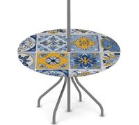Ginfult Yellow Blue Spanish Ceramic Tiles Round Outdoor Tablecloth with Umbrella Hole and Zip, Elastic Table Cloth 36-44 in Waterproof Picnic Patio Table Cover