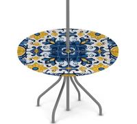 Ginfult Yellow Blue Spanish Tiles Print Round Outdoor Tablecloth with Umbrella Hole and Zip, Elastic Table Cloth 36-44 in Waterproof Picnic Patio Table Cover