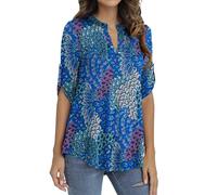 GingDin 3/4 Sleeve Tops for Women Plus Size Tunic Shirts for Summer Short Sleeve Henley V Neck Work Blouses for Ladies Office Business Fashion Clothing Peacock Print Floral Blouse Size 24