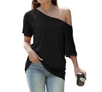 GingDin Off The Shoulder Tops for Women Batwing Short Sleeve Summer T Shirts Black Off Shoulder Top Tee Shirts M