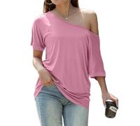 GingDin Off the Shoulder Tops for Women Batwing Short Sleeve Summer T Shirts Pink Off Shoulder Top Tee Shirts S