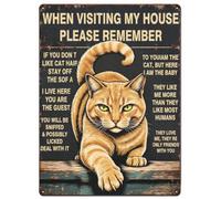 Ginger Cat House Rule Metal Tin Sign Funny Wall Hanging Decor 20x30cm | Cat Lover Gift Farmhouse Decor Porch Entryway Wall Hanging Humorous Quote Plaque Housewarming Gift Pet Owner Wall Ornament
