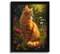 Ginger Cat In Flower Field Art Print Wall Art Framed Picture Flower Artwork Gift A2 Poster on Canvas - Wall Art Home Decor Movie Poster Canvas Film Cinema Retro Vintage Cult Classic Nostargic Saga Mo