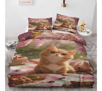 Ginger Cat King Duvet Cover Set 3 Pieces - Cute Kitten Quilt Cover with 2 Pillowcases 50x75cm, Reversible Soft Microfiber Bedding Set with Zipper Closure 230x220 cm