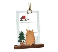 Ginger cat/kitten gazing out of the window - snowy scene with cheeky robin. Hand made hanging Christmas Tree Decoration. Great Secret Santa for a cat lover