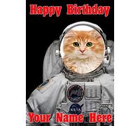 Ginger Cat Kitten j354 Spaceman Astronaut Fun Cute Happy Birthday A5 Personalised Greeting Card Posted by US Gifts for All 2016 from Derbyshire UK